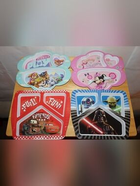 Set of 4 Kids' Character Section Plates - Paw Patrol, Minnie, Cars, & Star Wars.